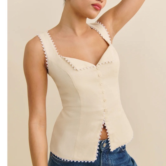 BEST Reformation Viola Linen Top Sugar Cream Light Beige Spring French Causal - Picture 12 of 15